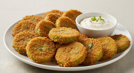 Fototapeta premium Golden Fried Pickles With Ranch Dressing PNG
