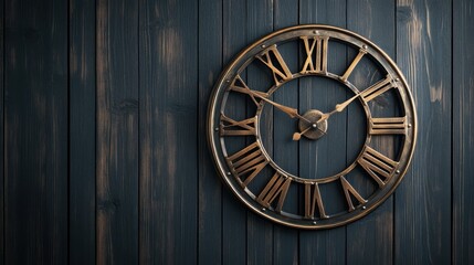 A classic Roman numeral wall clock with an antique brass finish on a dark wood wall