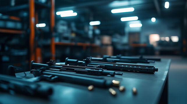 Neatly arranged firearms on a workbench, their metallic sheen illuminated by overhead industrial lighting, showcasing the rigorous standards of defense manufacturing.