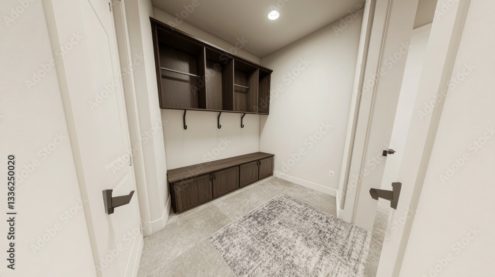 Poster an interior view of a modern entryway with built in storage