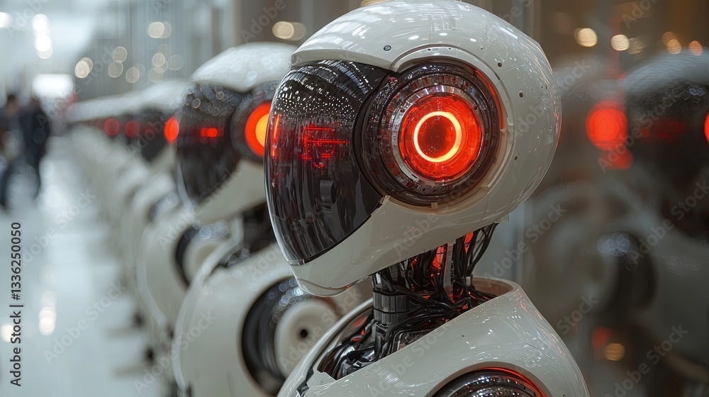 Poster row of futuristic robots with glowing red eyes.
