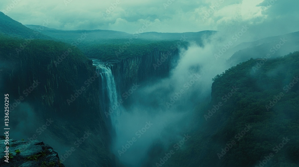 Aufkleber waterfalls cascade dramatically down the tall cliffs surrounded by mist