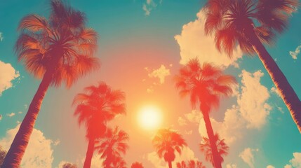 Vibrant sunset view through palm trees with a colorful sky, creating a serene tropical atmosphere