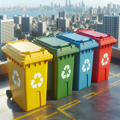 Colorful trash containers on a rooftop overlooking the city.