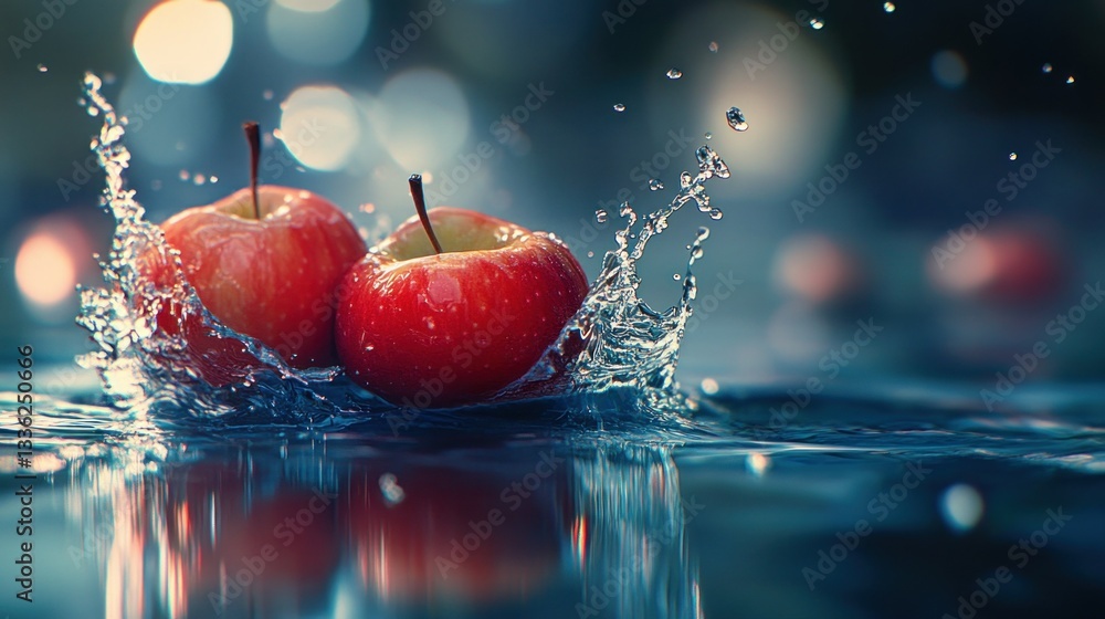 Aufkleber two red apples are splashing into clear water with droplets