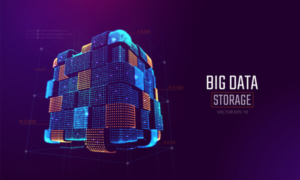 3d cube big data concept. Visualization of digital data storage. Machine learning database. Processing of computer algorithms. Online cloud server. Vector illustration.