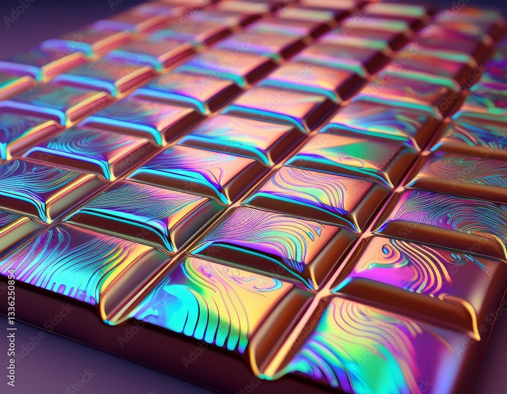 Poster a surreal chocolate bar with holographic patterns on each square.