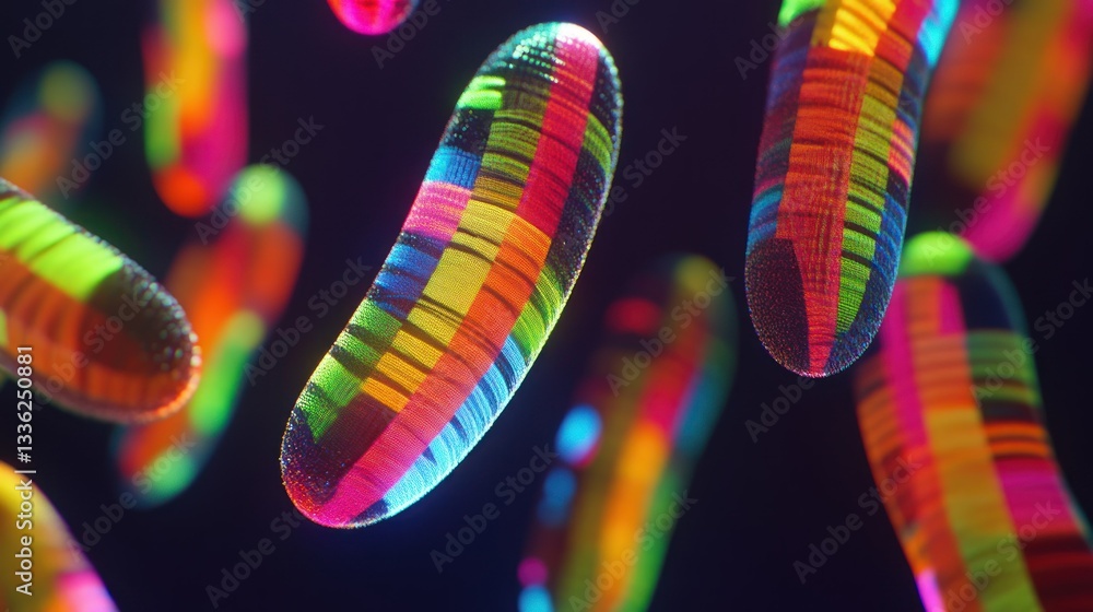 Poster Abstract rendering of vibrant colorful patterned objects floating in space