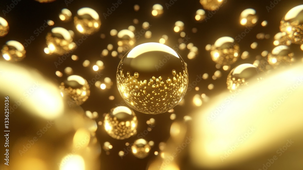Poster Golden spheres floating in a dark space with illuminated highlights