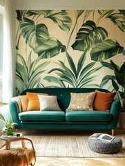 Elegant Living Room with Emerald Sofa & Botanical Wallpaper: A Cozy Home Interior Design, Featuring Plush Cushions & Serene Decor for Relaxation
