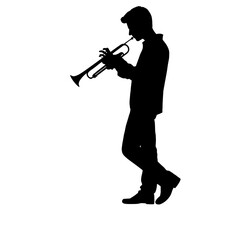 Naklejka premium Black silhouette of a guy plays the trumpet, vector, transparent background 