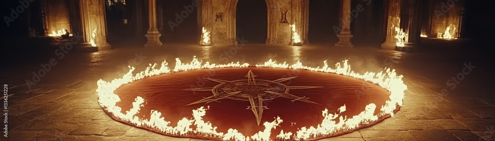 Poster A circular altar surrounded by flames inside an old building