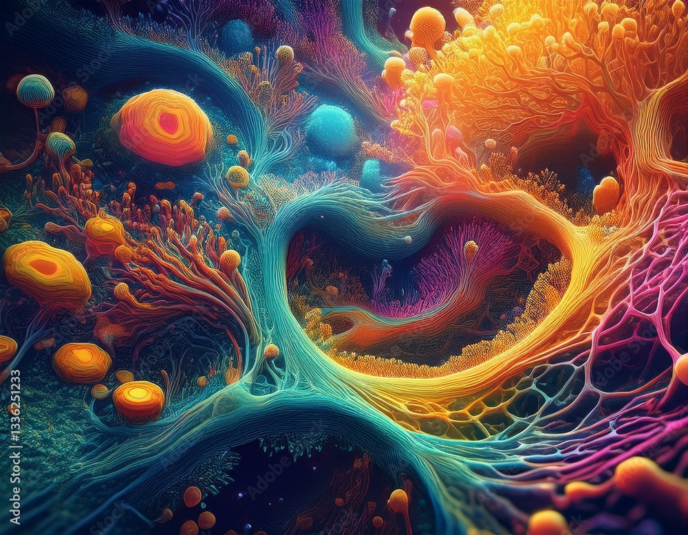 Poster a surreal mix of real and imagined cellular structures in a vibrant microscopic universe 545.