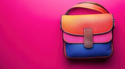 A compact, colorful crossbody shoulder bag placed on a vibrant pink background