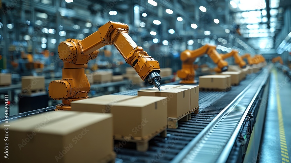 Aufkleber automated robotic arms processing cardboard boxes on a conveyor belt in a factory.