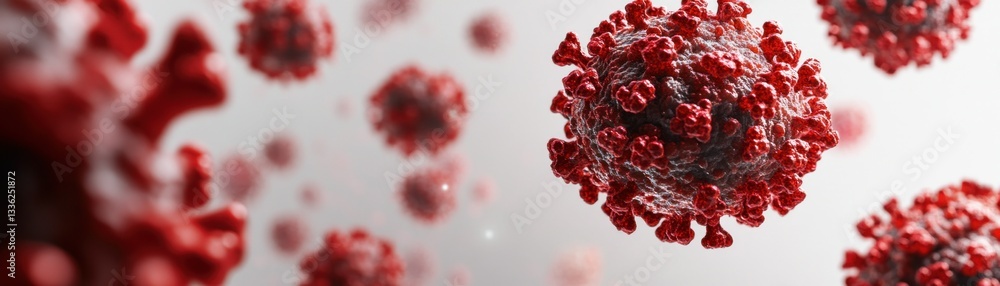 Poster rendered illustration showing a collection of red virus particles in space