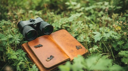 Safari tour guides gear with binoculars, animal tracking guide, and a leather notebook. © Sawat