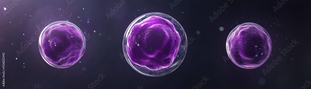 Poster three microscopic cellular structures are highlighted in purple hues