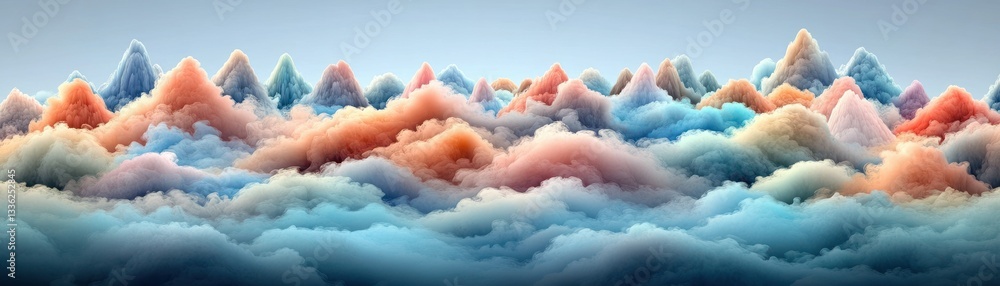 Poster colorful fluffy mountains sit above a layer of wispy clouds