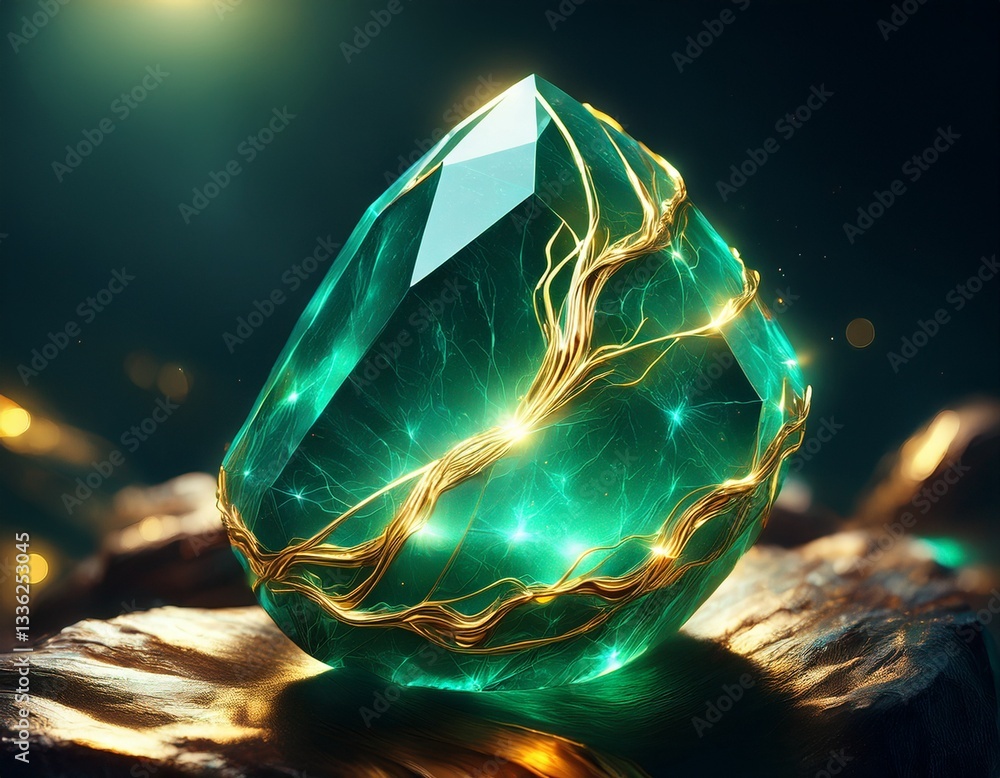 Poster a translucent emerald-like stone with glowing veins of gold threading through it.