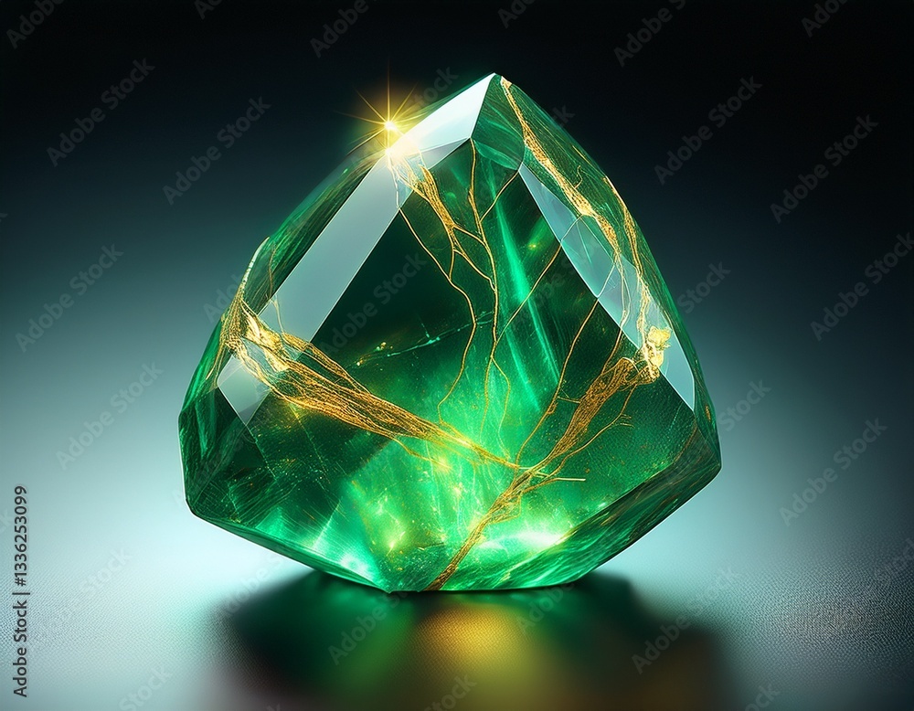 Poster a translucent emerald-like stone with glowing veins of gold threading through it.