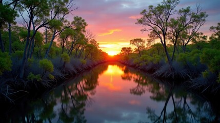 Obraz premium Professional photo of Mangrove forests. The atmosphere is sunset. The sky is blizzard, and the scene feels dramatic, season is spring