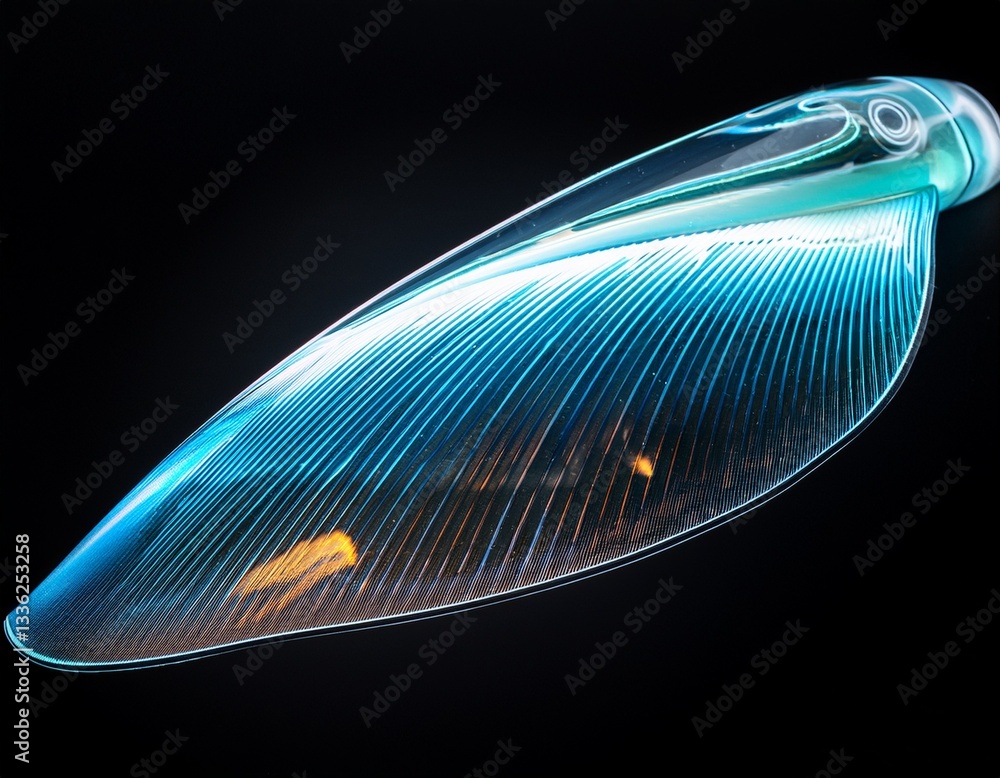 Poster a translucent fin with moving light patterns resembling ocean waves.