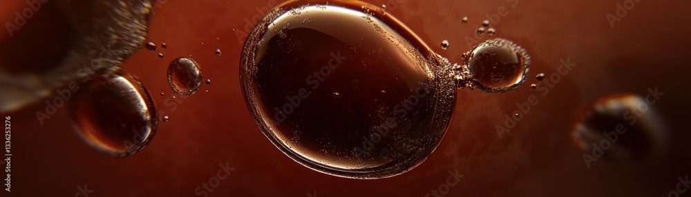 Poster Macro close up depicts multiple dark liquid bubbles in fluid