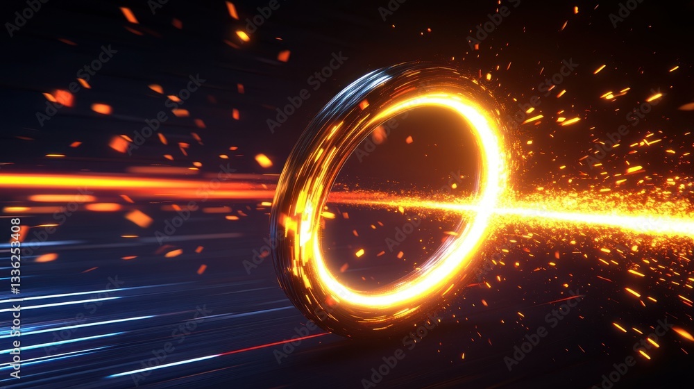 Poster An illuminated ring surrounded by light and particles against dark backdrop