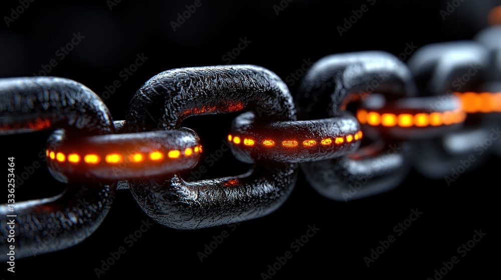 Poster close-up of a metallic chain with glowing links, illustrating connection and strength.