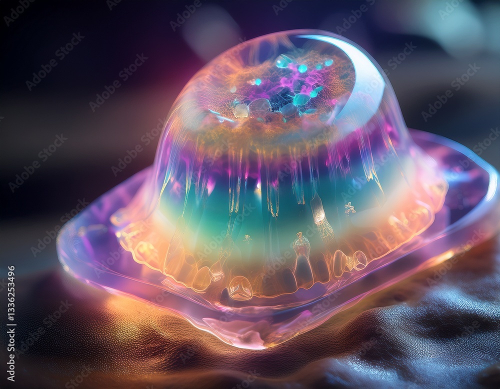 Poster a translucent jelly-like object emitting soft, pulsating colors.