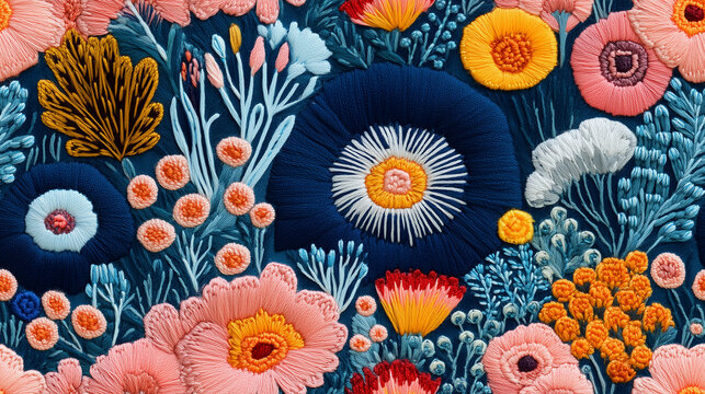 Embroidered flowers, seamless colorful pattern, textile art, floral. Use for blogs about craft, fabric design, DIY projects, nature-themed art, home decor, vintage patterns, sewing resources.