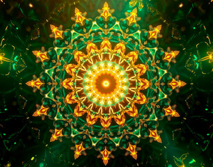 Fractal holographic mandala with shifting gold-to-emerald gradients, crafted with sacred geometry precision.
