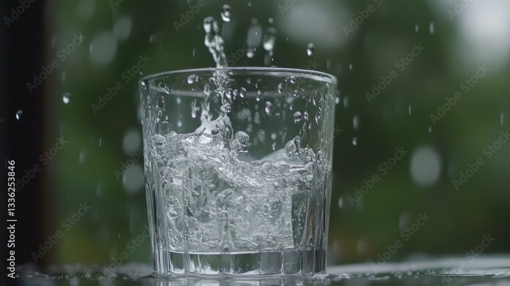 Poster water pouring into a glass creating a splash effect clearly visible