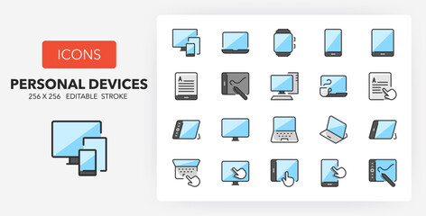 Line icons about personal devices. Contains such icons as smart watch, laptop, smartphone and more. 256x256 Pixel Perfect editable in two colors