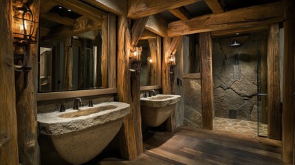A rustic mountain lodges women s restroom, where wooden beams, stone sinks, and the scent of pine create a cozy ambiance
