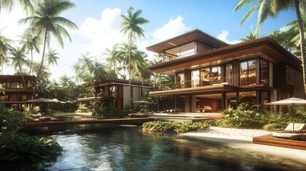 Obraz premium Modern luxury home amongst tropical palm trees and a pond