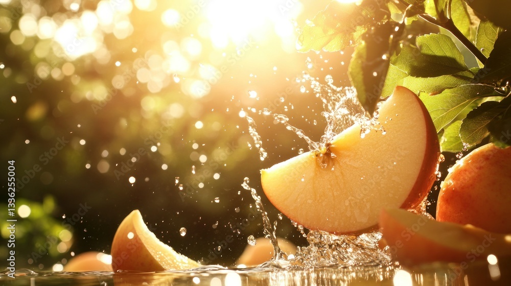 Poster apple slices and splashing water with bright sunny background