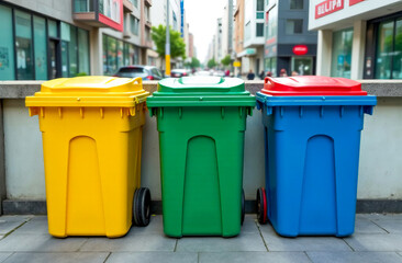 Colorful trash containers on a rooftop overlooking the city.