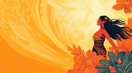 Vibrant woman in traditional attire stands amidst tropical foliage, basking in a warm sunset glow, evoking serenity