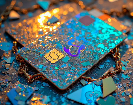 Holographic shattered credit cards symbolizing a critique of consumerism, intertwined with metallic debt chains, representing financial struggles.