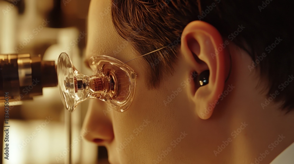 Poster a scientist showcasing the first fully functional bioengineered ear that mimics human hearing with n