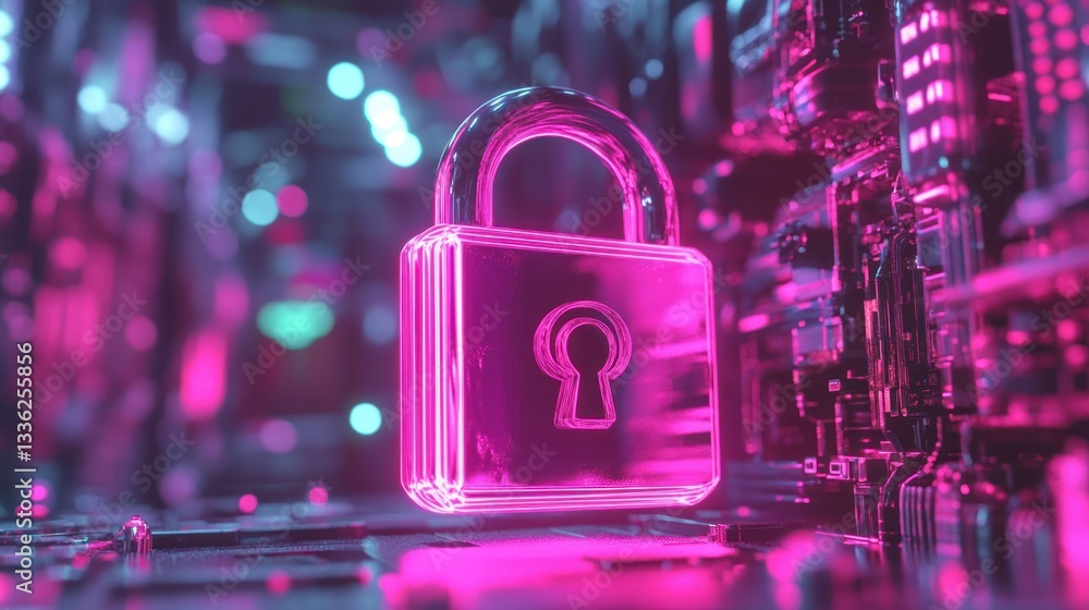 Poster a glowing padlock signifies cybersecurity and data protection digitally