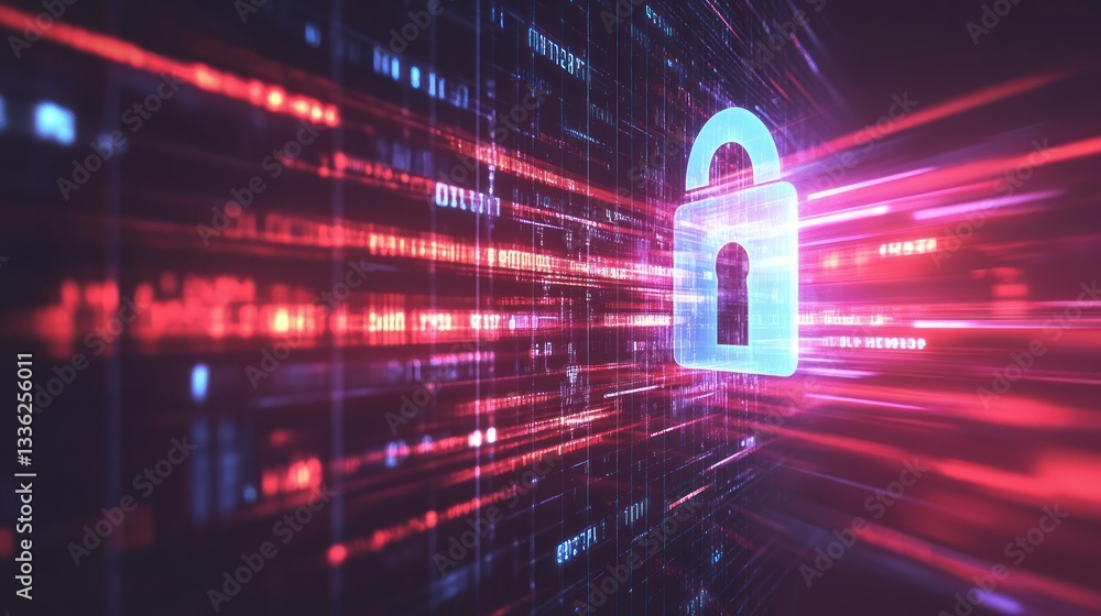 Poster A digital data stream secured by a glowing padlock image
