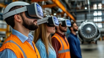 Obraz premium Workers wearing virtual reality headsets in an industrial environment