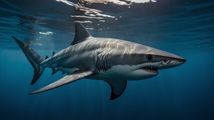 Naklejka premium Looking into the Abyss – a macro portrait of a Mako shark, its cold, piercing gaze. Highly detailed scales, the reflection of light in its eyes, creating the effect of hypnotic danger.