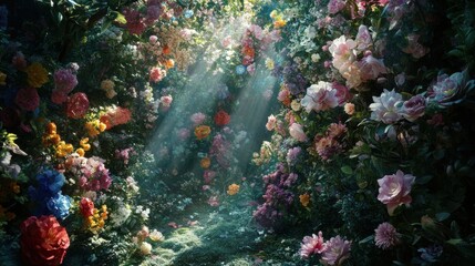 Obraz premium Vibrant Floral Pathway Surrounded by Lush Blooming Flowers