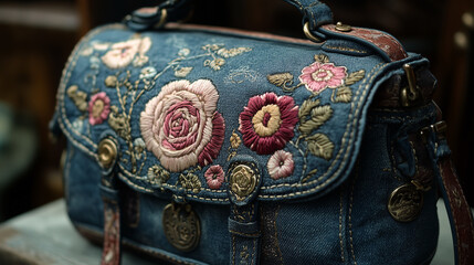 Denim bag with 3d intricate floral embroidery in shades of orange, blue, and pink, accented with leather straps and buckles. Ideal for fashion blogs, craft websites, and articles on bohemian style and