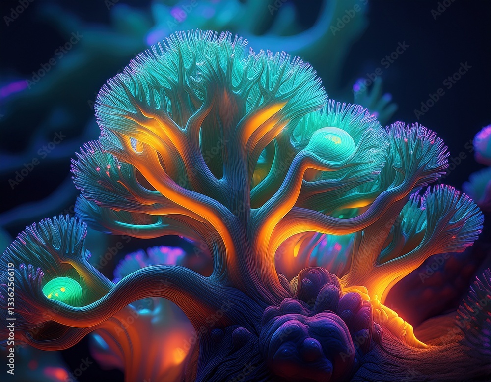 Poster alien-like coral structures with bioluminescent tips.