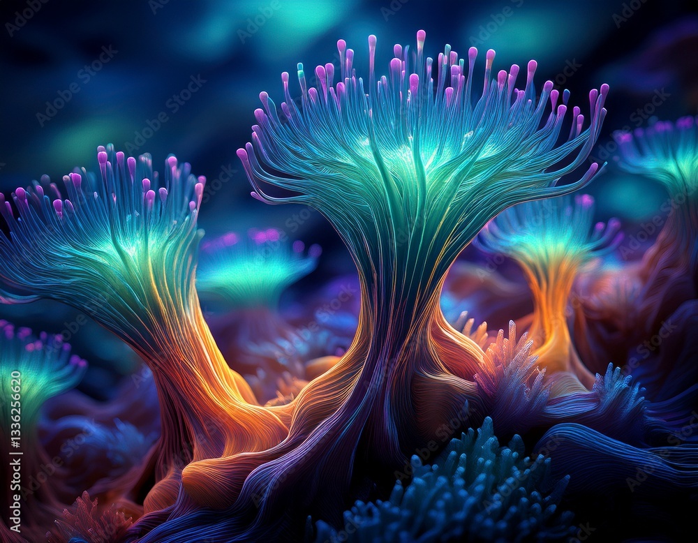 Poster alien-like coral structures with bioluminescent tips.